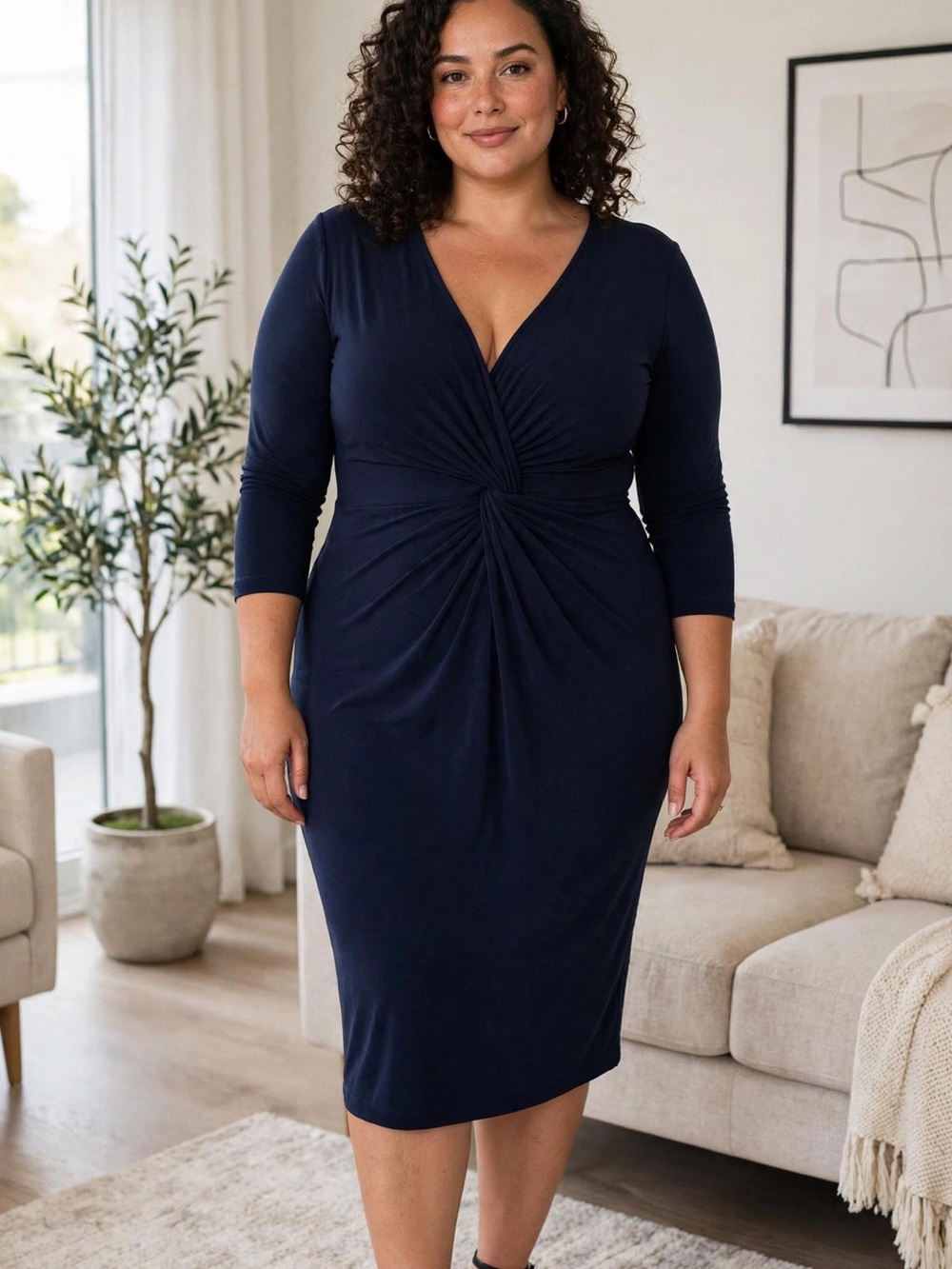 bebe Navy Twist-Front Midi Dress